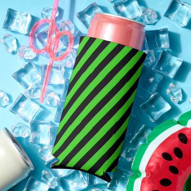 Green and black diagonal stripes pattern seltzer can cooler (In Situ Summer)