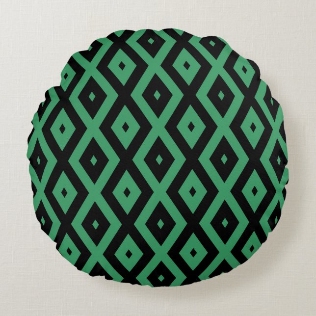 Green and black diamond pattern round cushion (Front)