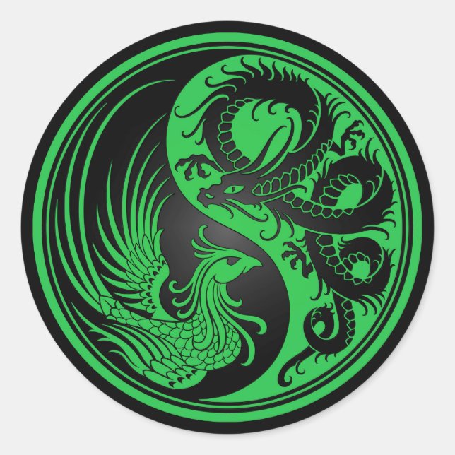 Green and Black Dragon Phoenix Yin Yang Classic Round Sticker (Front)