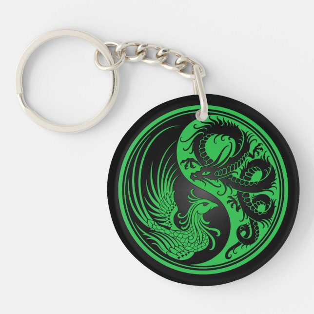 Green and Black Dragon Phoenix Yin Yang Key Ring (Front)