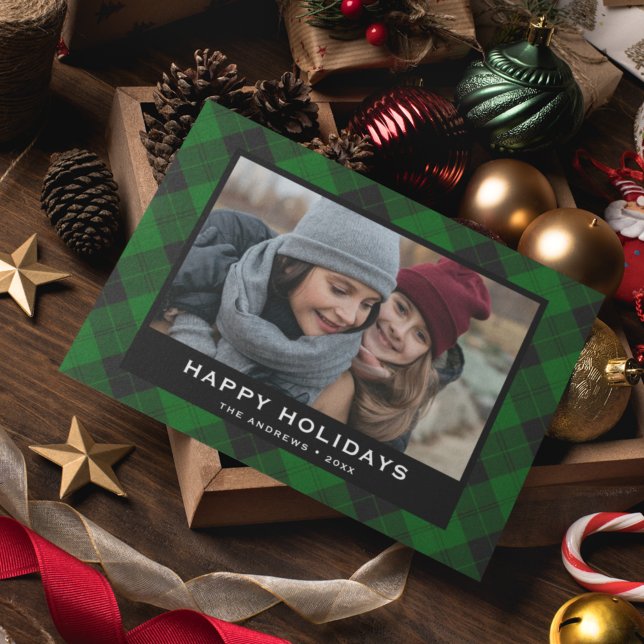 Green and Black Festive Tartan Christmas Photo Holiday Card (Creator Uploaded)