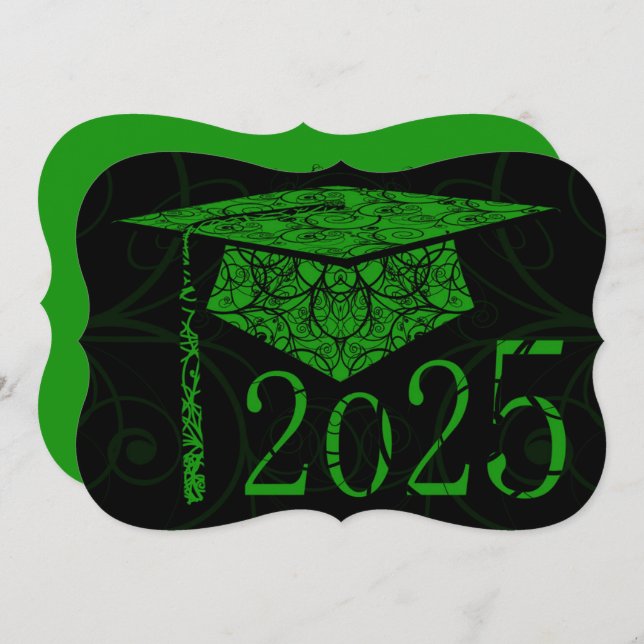 Green and Black Floral Cap 2025 Graduation Party Invitation (Front/Back)