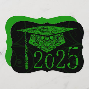 Green and Black Floral Cap 2025 Graduation Party Invitation