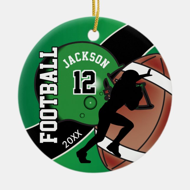 Green and Black Football Player Ceramic Ornament (Front)