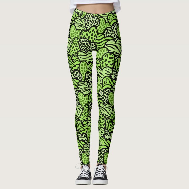 Green and black girly animal print hearts pinback  leggings (Front)