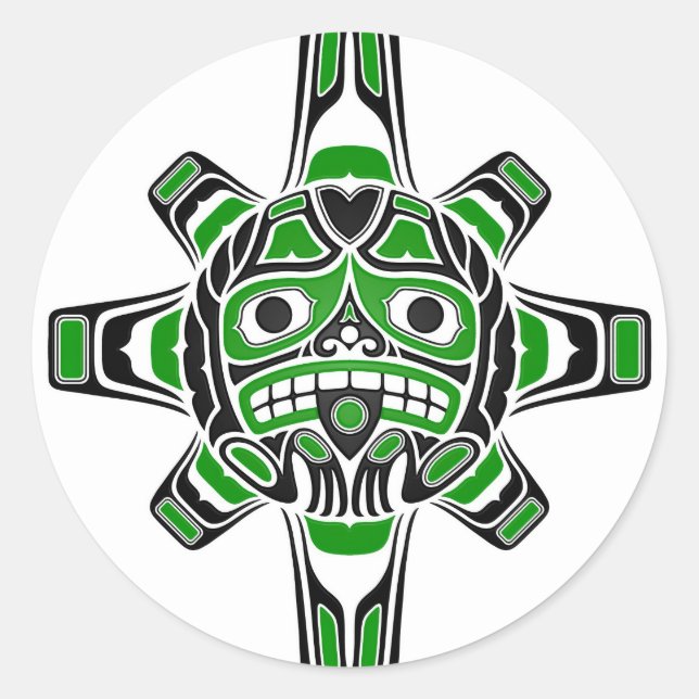 Green and Black Haida Sun Mask on White Classic Round Sticker (Front)