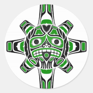 Green and Black Haida Sun Mask on White Classic Round Sticker