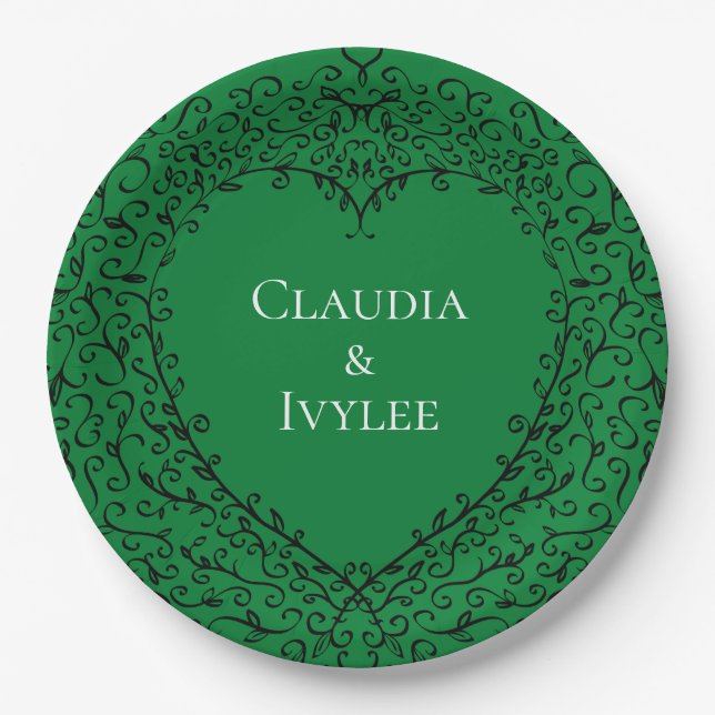 Green and Black Heart Gothic Wedding Elegant Paper Plate (Front)