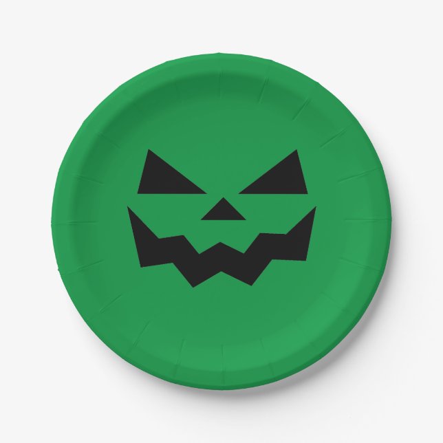 Green and Black Jack-o-lantern pumpkin face  Paper Plate (Front)