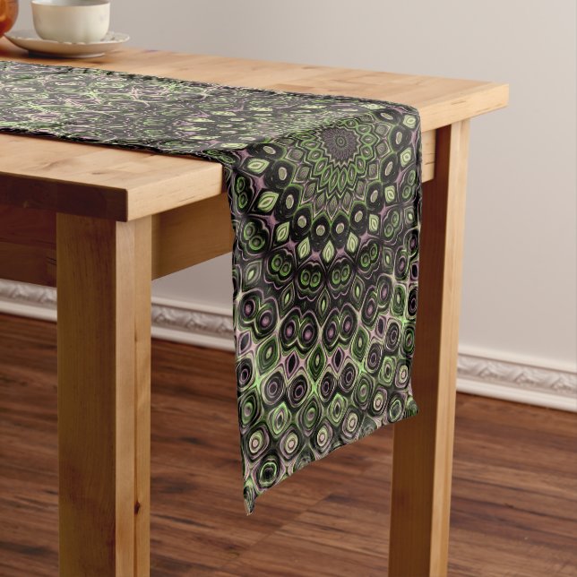 Green and Black Kaleidoscope Mandala Pattern Long Table Runner (In Situ)