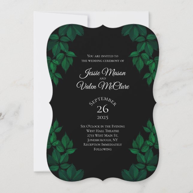 Green and Black Leaves Gothic Elegant Wedding Invitation (Front)