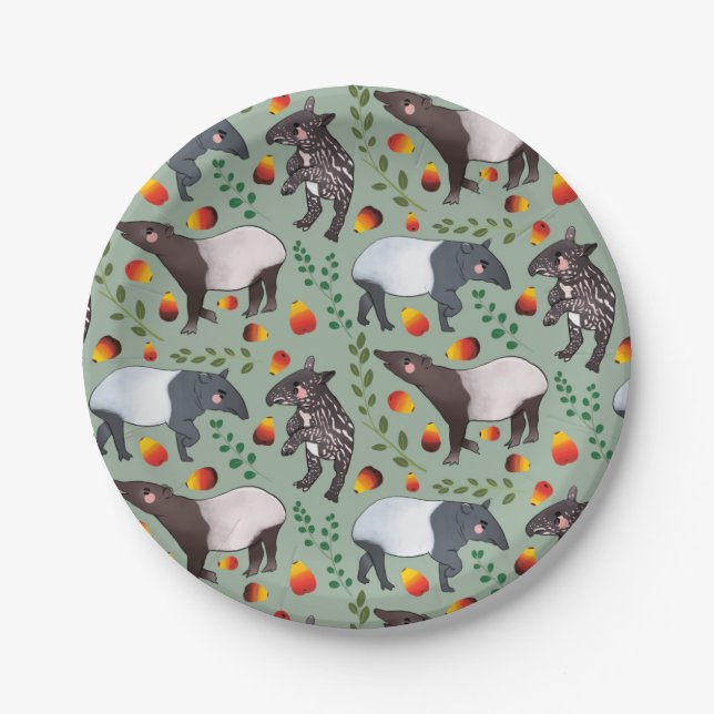 Green and Black Malayan Tapir Animal Pattern Paper Plate (Front)