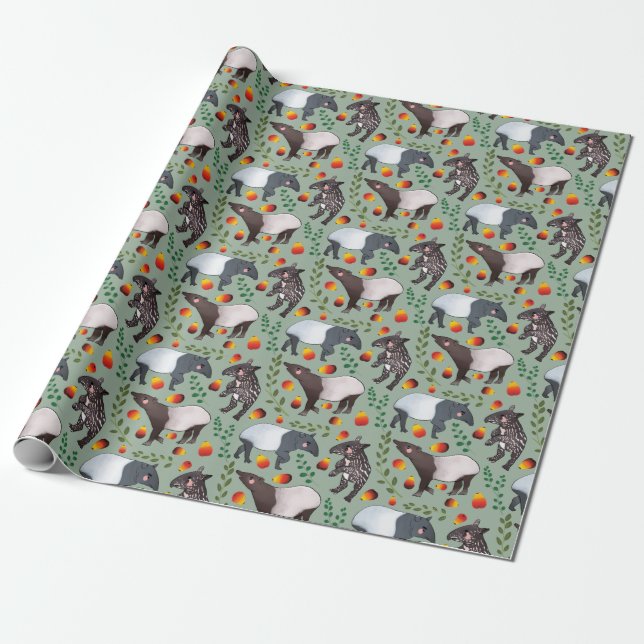 Green and Black Malayan Tapir Animal Pattern Wrapping Paper (Unrolled)