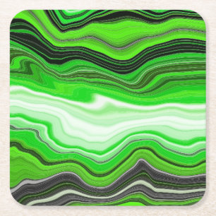 Green and Black Marble like Striped Fluid Art Square Paper Coaster
