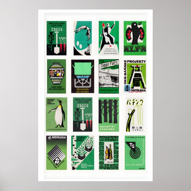 Green and Black Matchbox Label Collage, retro Poster (Front)