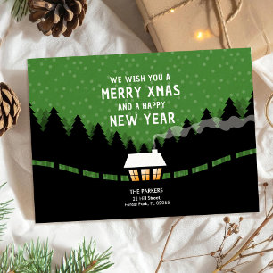 Green and black Merry Xmas with retro pine trees Card