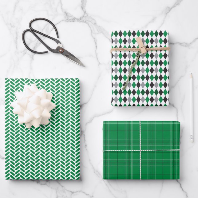 Green and Black Mixed Patterns Wrapping Paper Sheet (Front)