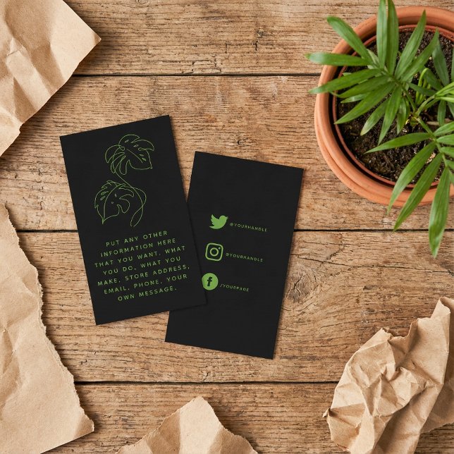 Green and black monstera, social links thank you enclosure card (Green and black monstera, social links thank you enclosure card.)