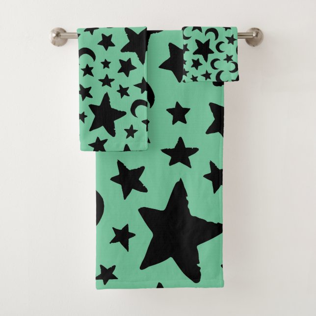 Green and Black Moon Stars Bath Towel Set (Insitu)