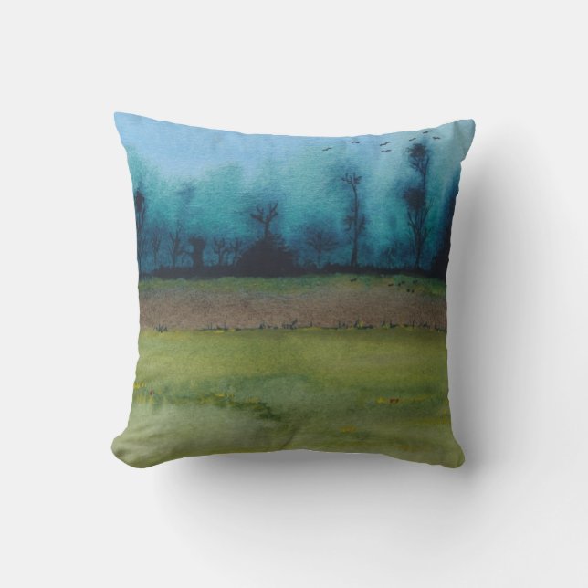 green and black mystic scenic woodland landscape cushion (Front)