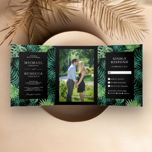 Green and Black Palm Leaves Tropical Wedding Tri-Fold Invitation