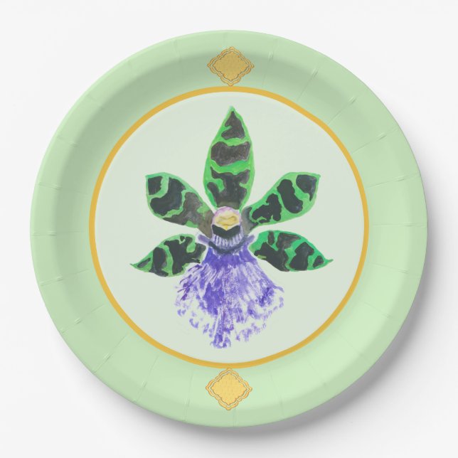 Green and Black Petal Orchid Paper Plates (Front)