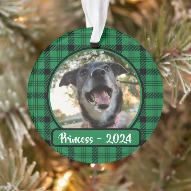Green and Black Plaid Dog Photo Christmas Ornament (Tree)