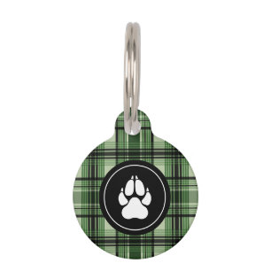 Green And Black Plaid Pattern With Paw Print Pet Tag