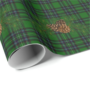 Green and Black Plaid pine-cone detail Wrapping Paper