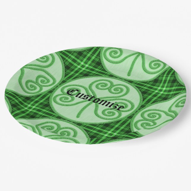 Green and Black Plaid Shamrock Paper Plate (Angled)