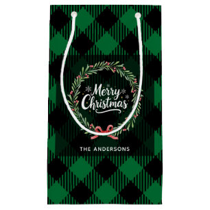 Green and Black Plaid Wreath Merry Christmas Small Gift Bag