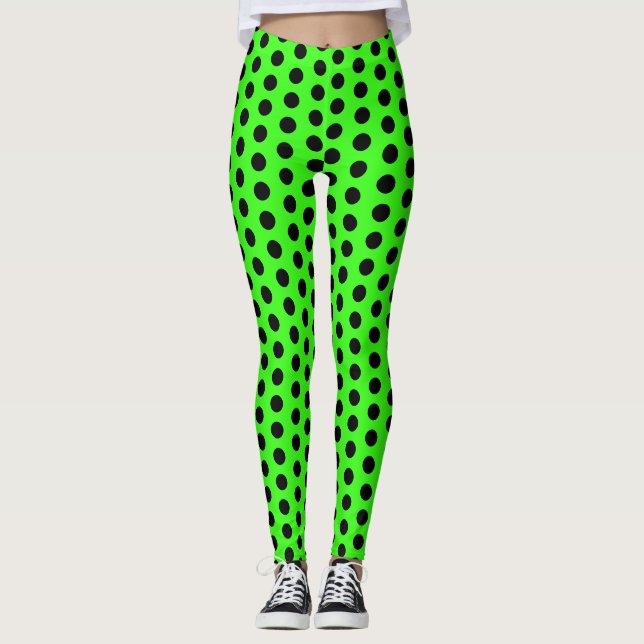 Green and Black Polka Dot Pattern Leggings (Front)