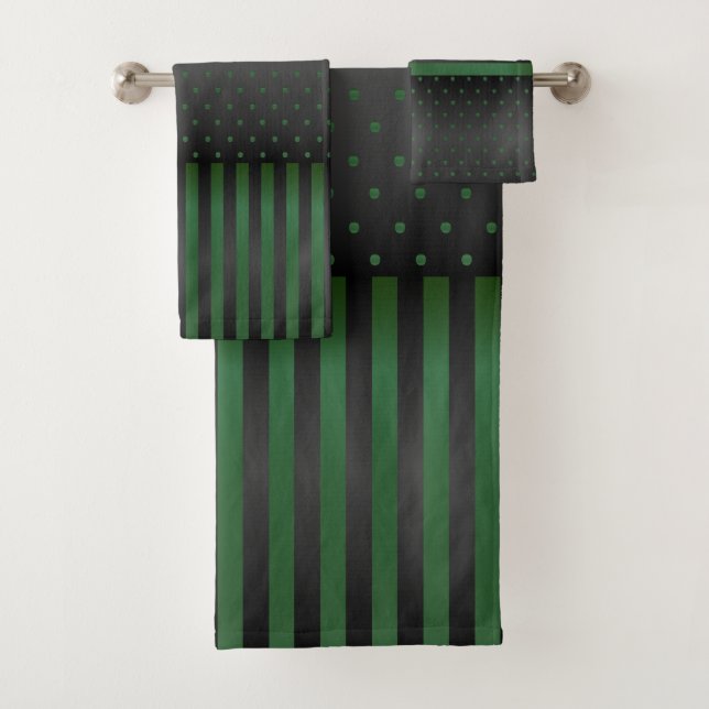 Green and Black Polka Dots and Stripes Bath Towel Set (Insitu)