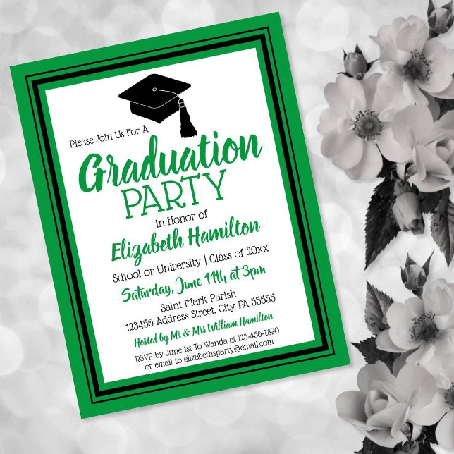 Green and Black School Colours Grad Party Invitation Postcard (Creator Uploaded)