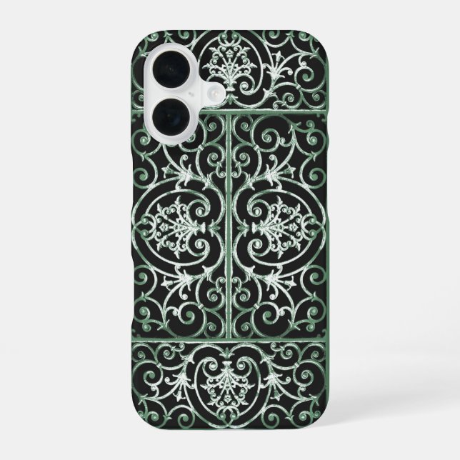 Green and black scrollwork pattern iPhone 16 case (Back)