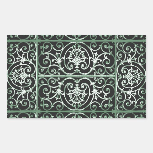 Green and black scrollwork pattern rectangular sticker (Front)