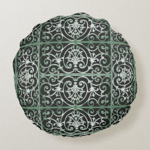Green and black scrollwork pattern round cushion