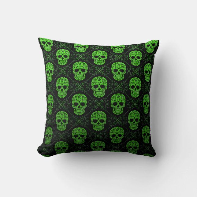 Green and Black Sugar Skull Pattern Cushion (Front)