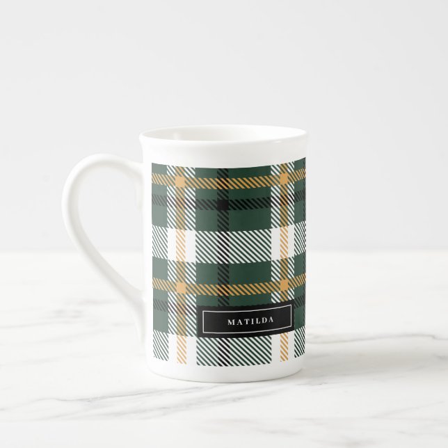Green and black tartan check plaid Christmas Bone China Mug (Left)