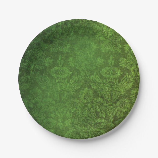 Green and Black Vintage Damask Paper Plates (Front)