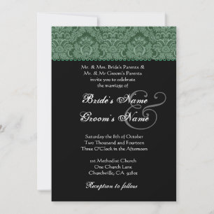 Green and Black White Damask Wedding Invitation