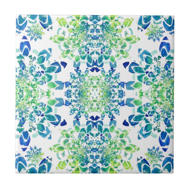 Green and Blue Abstract Mandala Pattern Ceramic Tile (Front)