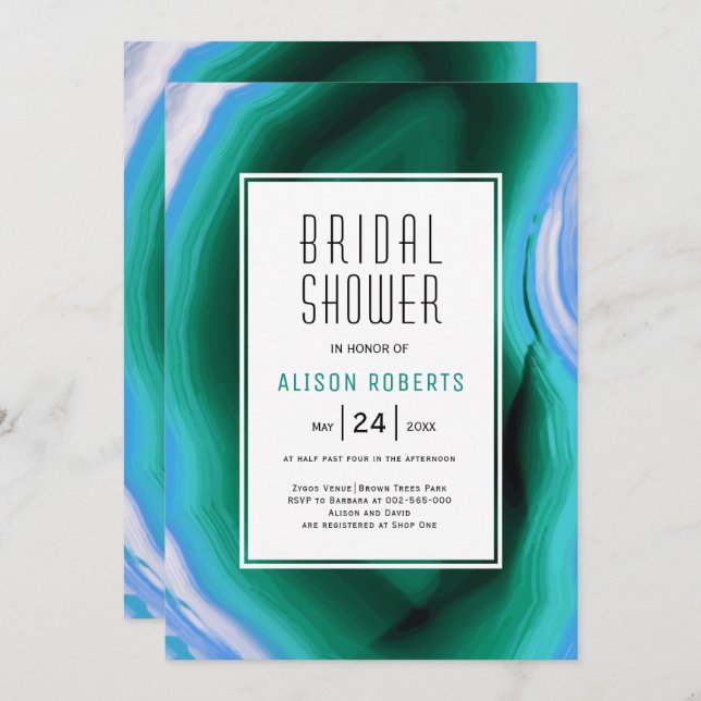 Green and blue agate slice and frame bridal shower invitation (Front/Back)