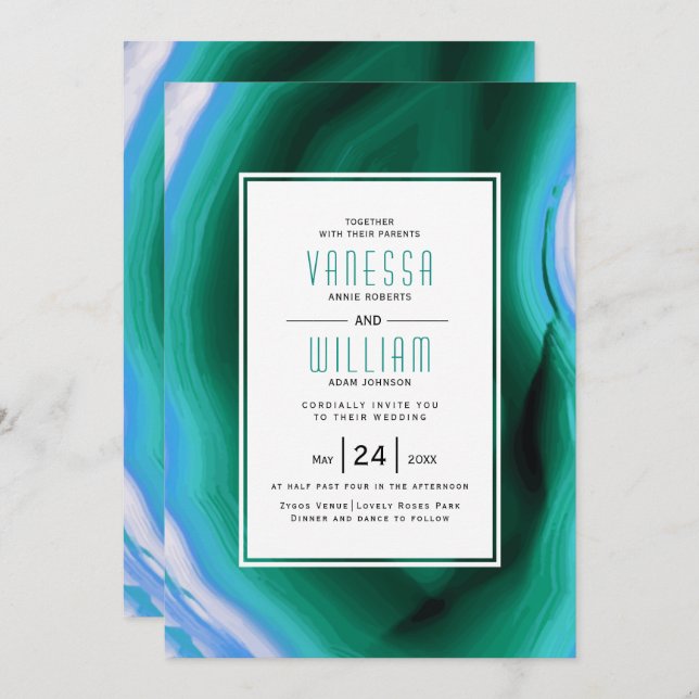 Green and blue agate slice and frame wedding invitation (Front/Back)