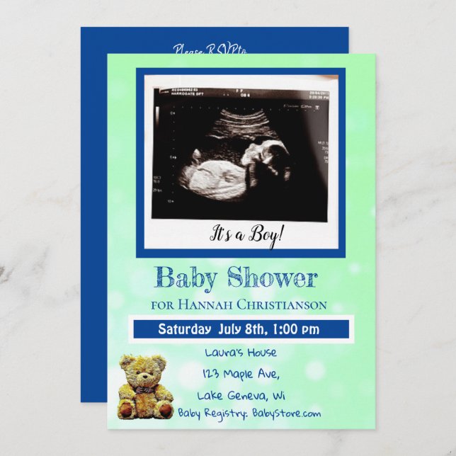 Green and  Blue Baby Boy Ultrasound Baby Shower Invitation (Front/Back)