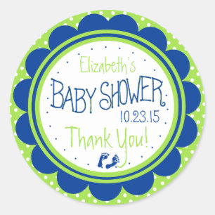 Green and Blue Baby Shower Scalloped Edge Classic Round Sticker
