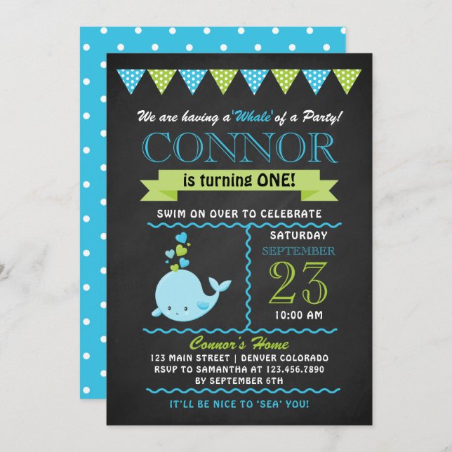 Green and Blue Baby Whale Birthday Party Invite (Front/Back)