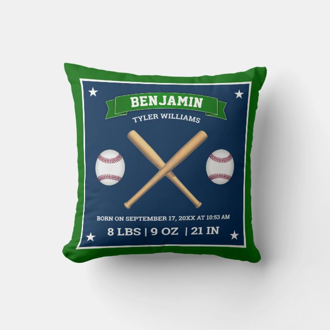 Green and Blue Baseball Bats and Balls Birth Stats Cushion (Front)