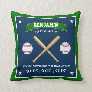 Green and Blue Baseball Bats and Balls Birth Stats Cushion