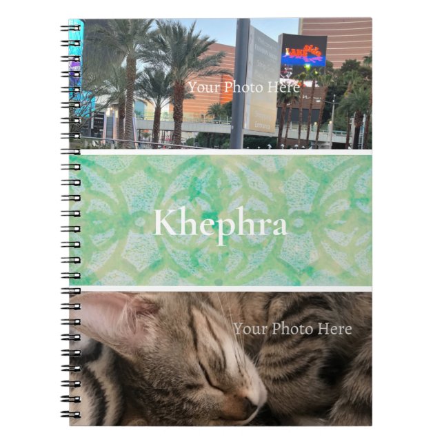 Green And Blue Batik Photo Collage, Border, Name Notebook (Front)